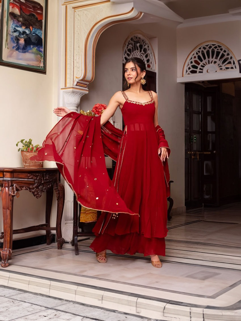 Authentic Traditional Festive Red Georgette Plazo Suit