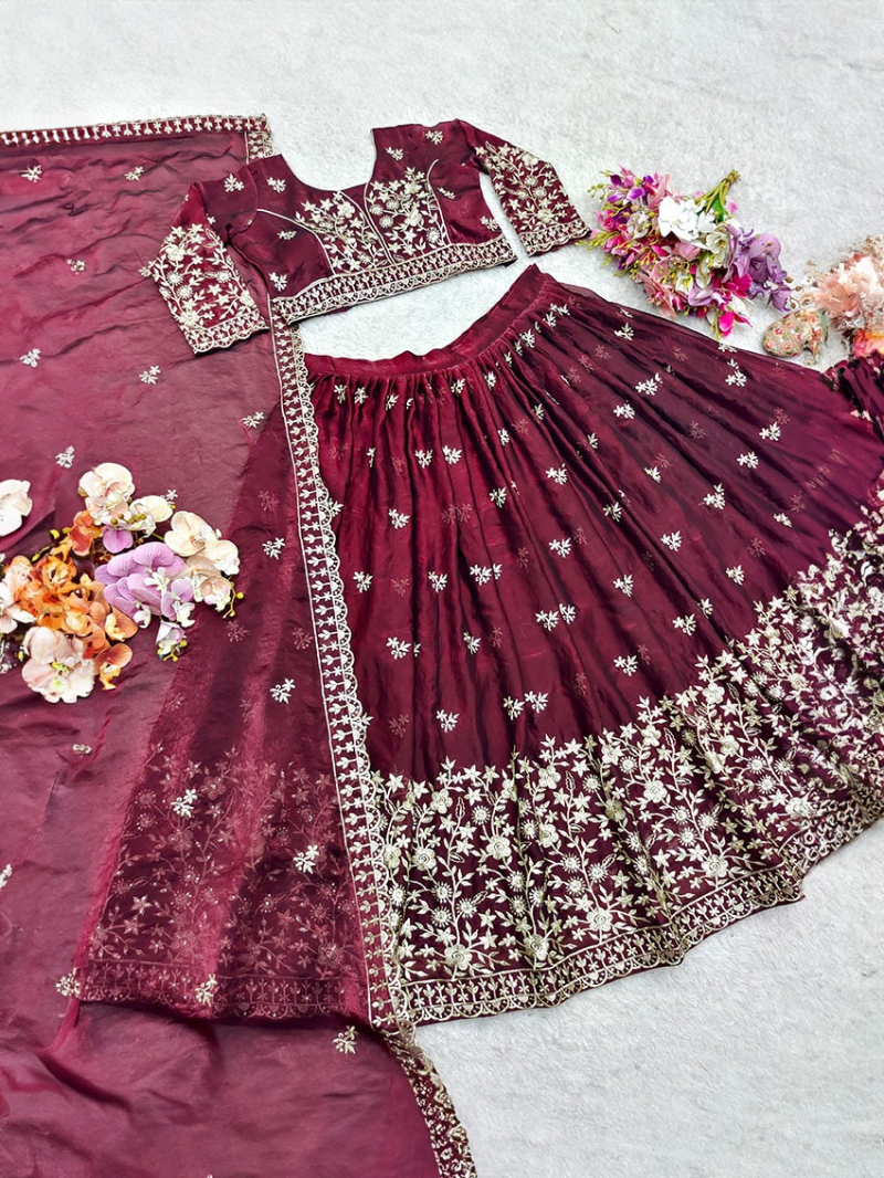 Elegant Ethnic Festive Maroon Fendi Silk Lehanga Suit