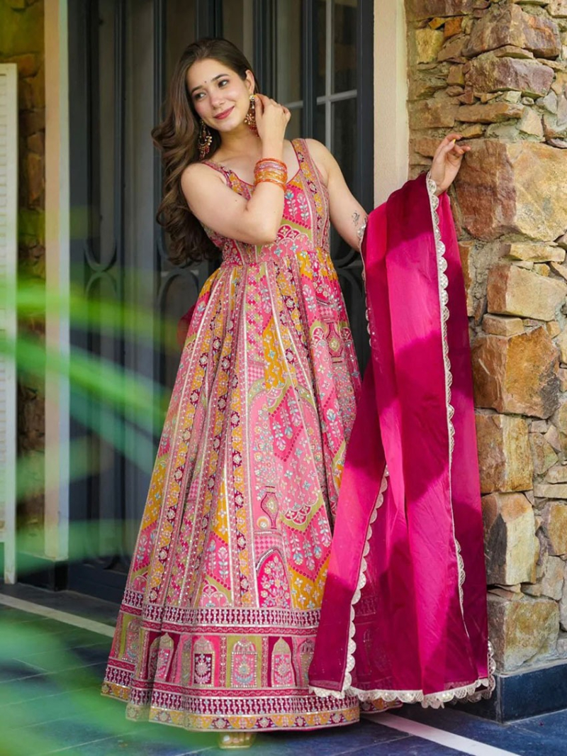 Elegant Ethnic Traditional Satin Silk Multicolor Anarkali Suit