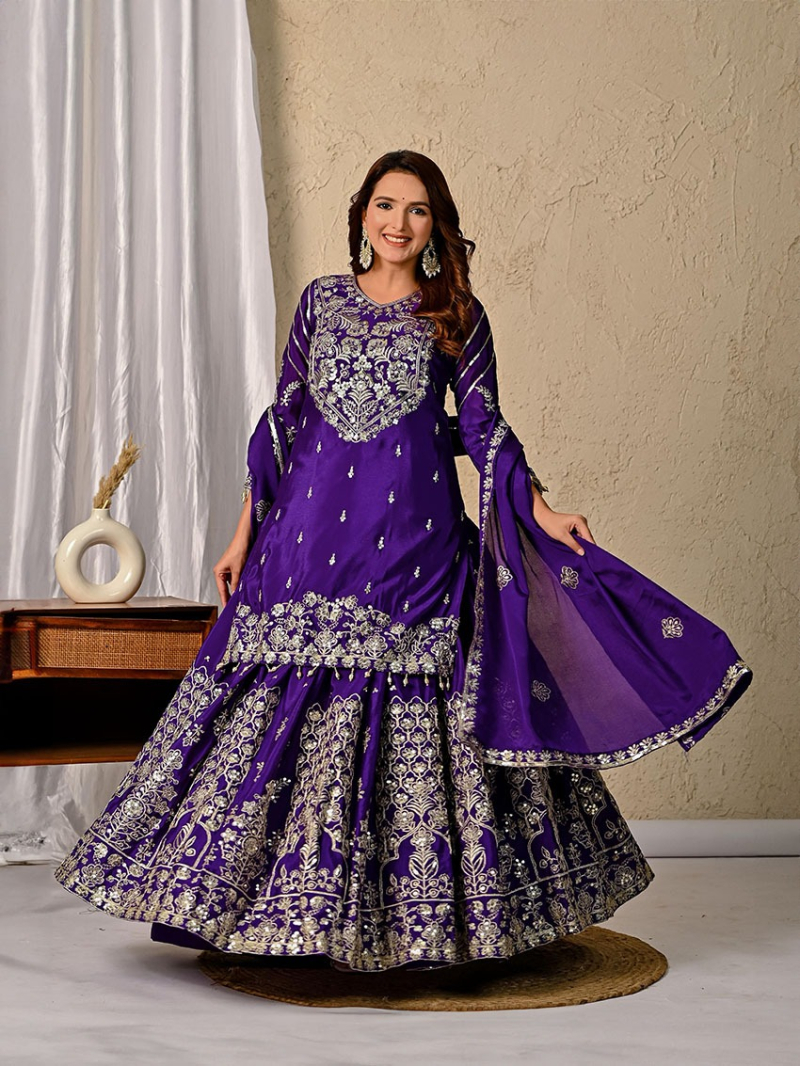 Elegant Ethnic Traditional Royal Purple Chinnon Silk Lehanga Suit