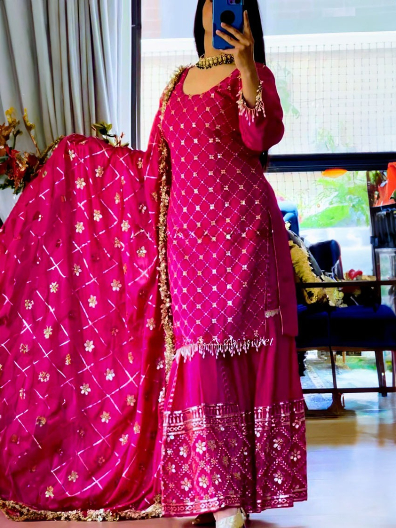 Ethnic Festive Traditional Rani  Pink Chinnon Silk Sharara Plazo Suit