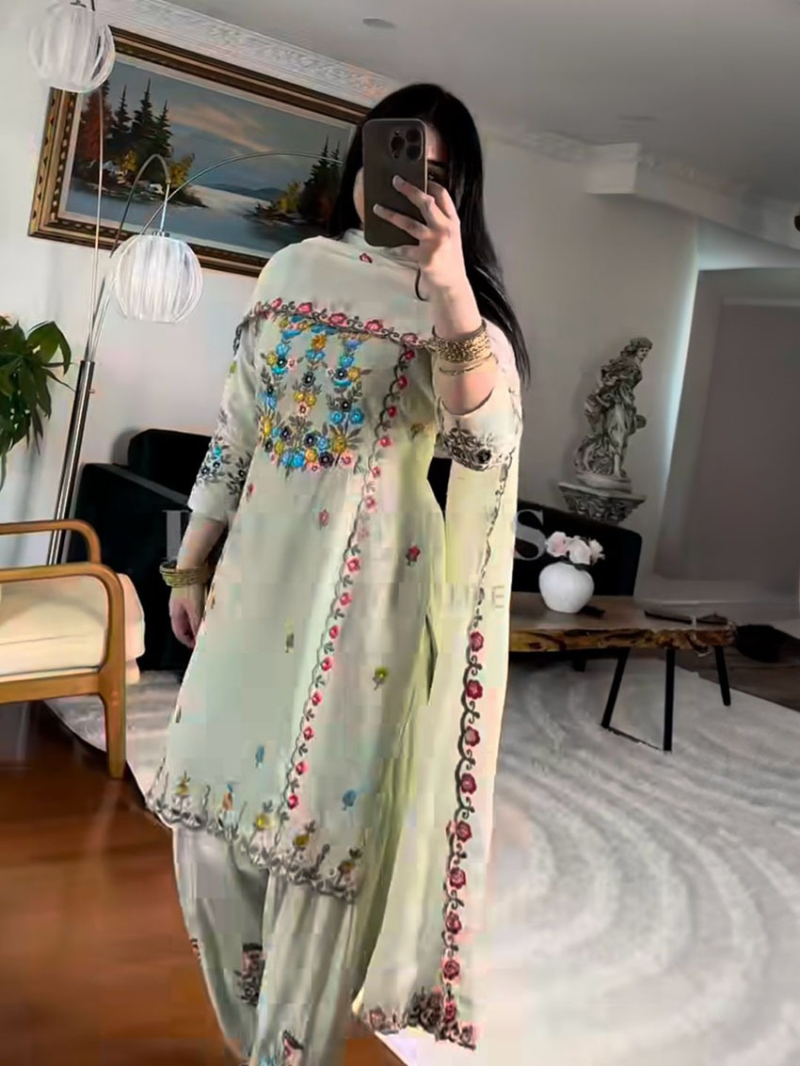 Traditional Ethnic Festive Pastel Green Chinnon Silk Dhoti Salwar Suit