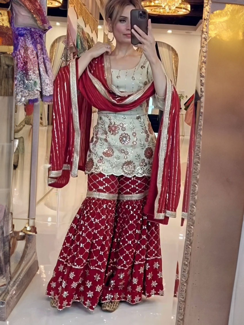 Authentic Elegant Festive Mint Green & Maroon Chinnon SilkSharara Suit