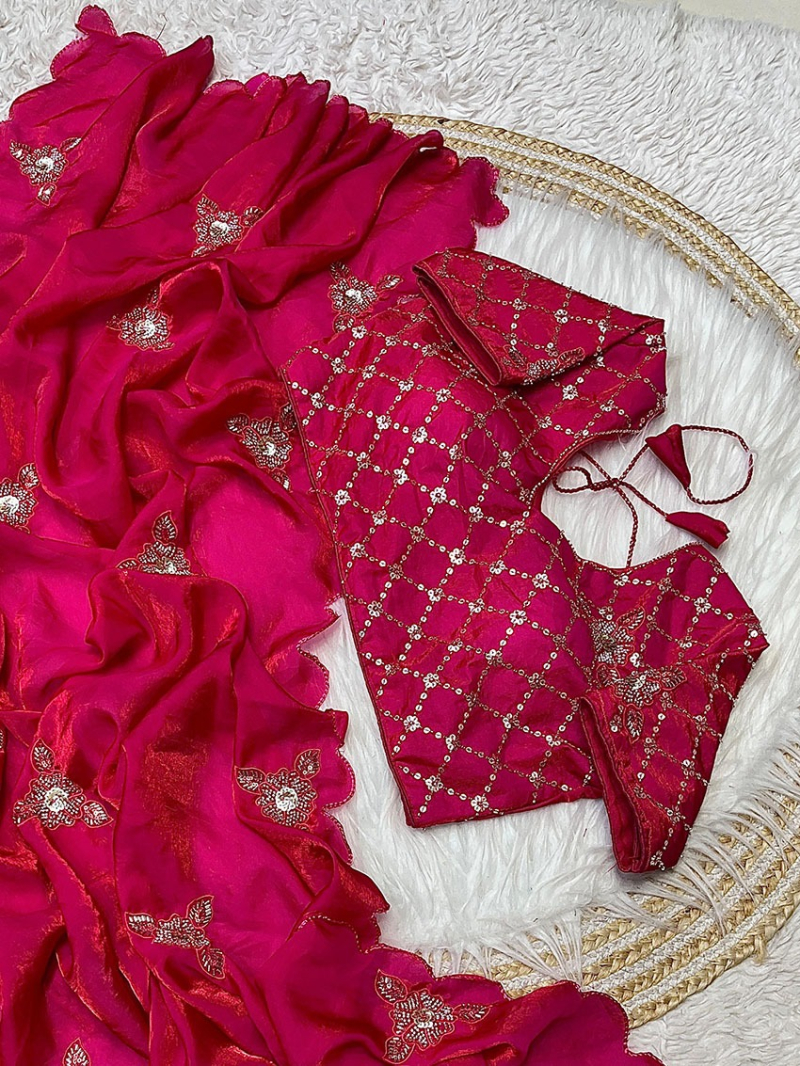 Elegant Ethnic Festive Rani Pink Fendi Satin Saree
