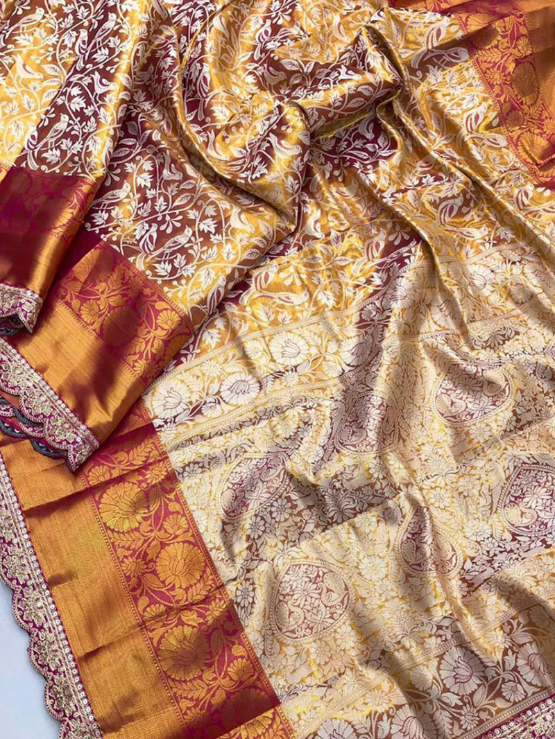 Traditional Ethnic Festive Mustard with Maroon Kanjivaram Pattu Silk Saree