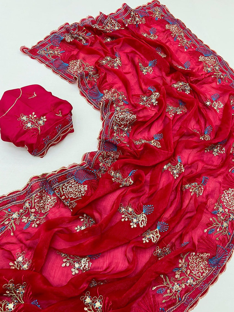Elegant Ethnic Festive  Crimson Red Satin Chiffon Saree