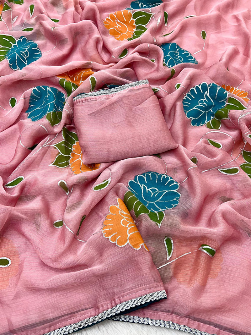 Ethnic Elegant Festive Light Pink Soft Chiffon Saree