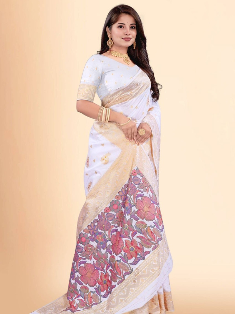 Elegant Ethnic Traditional Off White Silk Saree