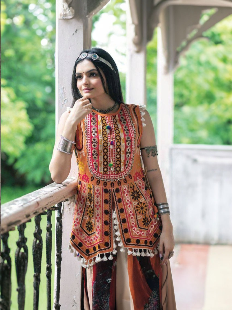 Designer Ethnic Festive Rust & Maroon Cotton Blend Embroidery Work Kurti With Skirt