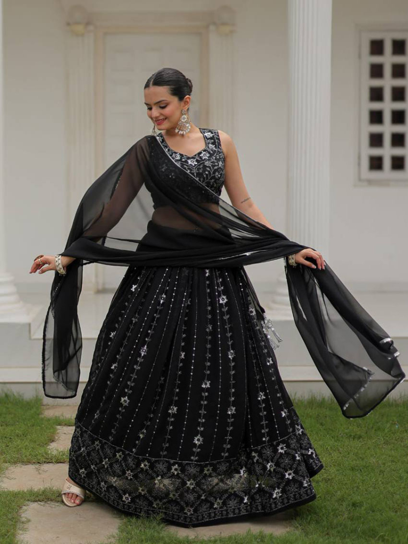 Elegant Ethnic Traditional Black Georgette Lehanga Suit