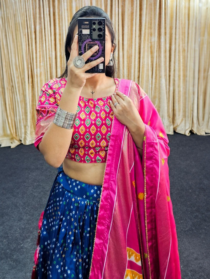Traditional Ethnic Festive Tussar Silk Bandhni Minakari Print Lehanga Suit
