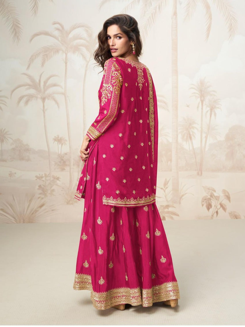 Designer Elegant Festive Rani Pink Chinnon Silk Sharara Suit