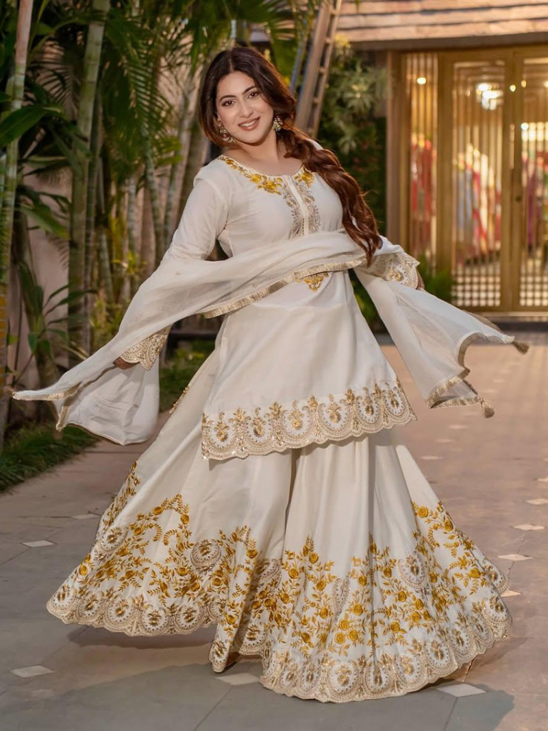 Elegant Ethnic Traditional White Crepe Silk Sharara Suit