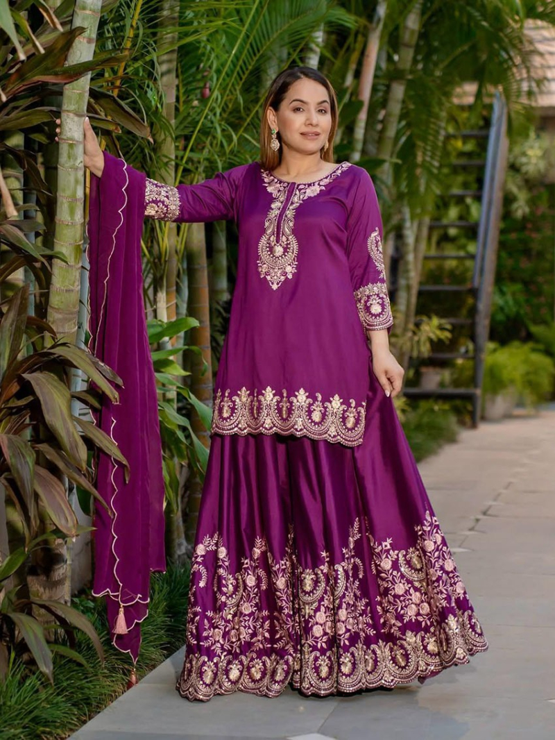 Elegant Traditional Festive Purple Chinnon Silk Sharara suit