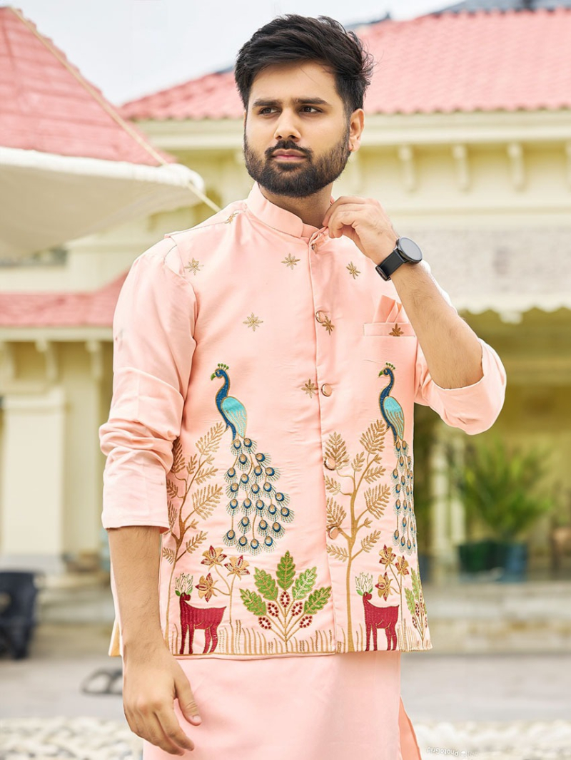 Traditional Ethnic Festive Malai Satin  Kurta Pajama with Koti Set