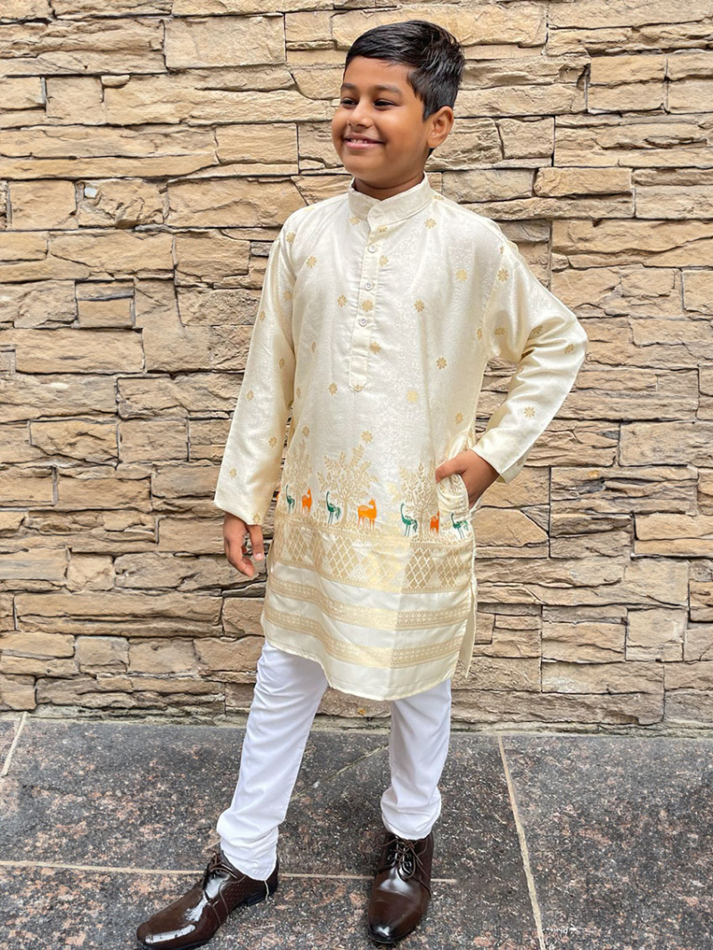Ethnic Traditional Festive Cream Premium Silk Kids Kurta Pajama Set