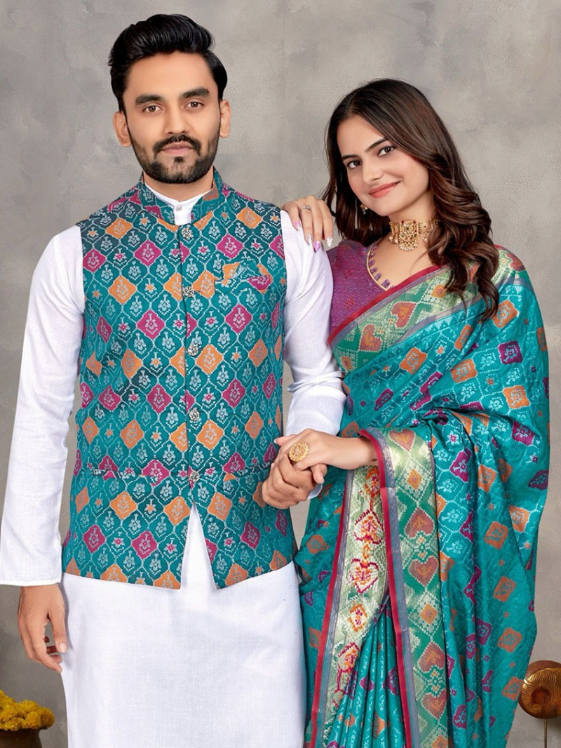Elegant Couple Matching Kurta Pajama with Koti & Saree Combo Set