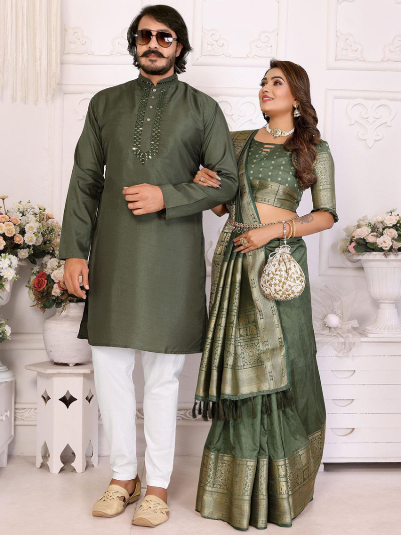 Elegant Couple Combo Ethnic Festive Kurta Pajama & Saree Combo Set