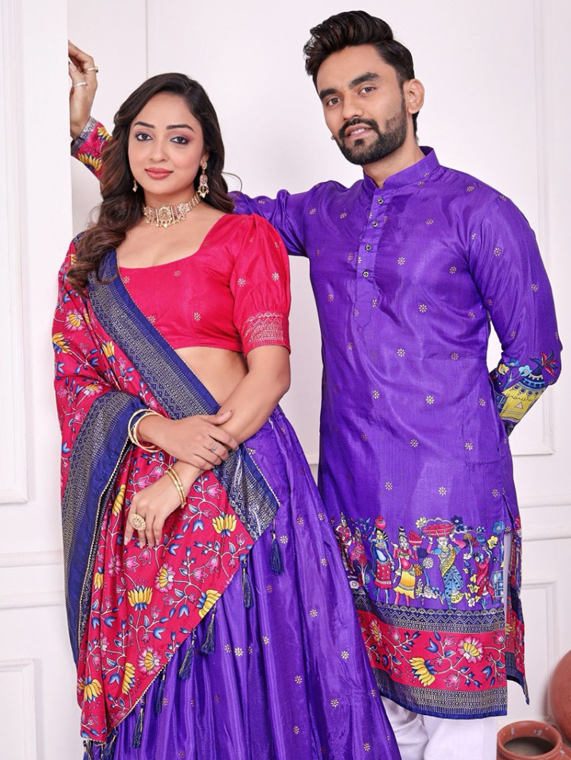 Ethnic Festive Traditional Couple Matching Dola Silk Kurta Pajama & Lehanga  Combo Set