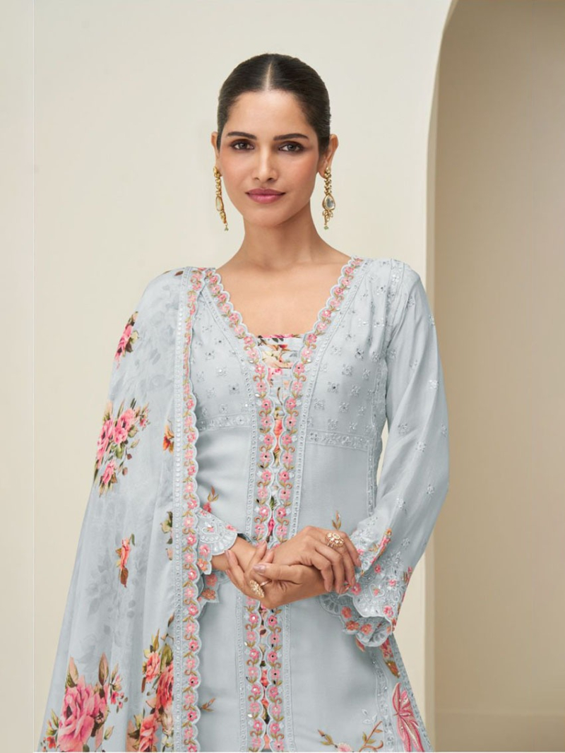 Designer Traditional Ethnic Festive Chinnon Silk Plazo Suit
