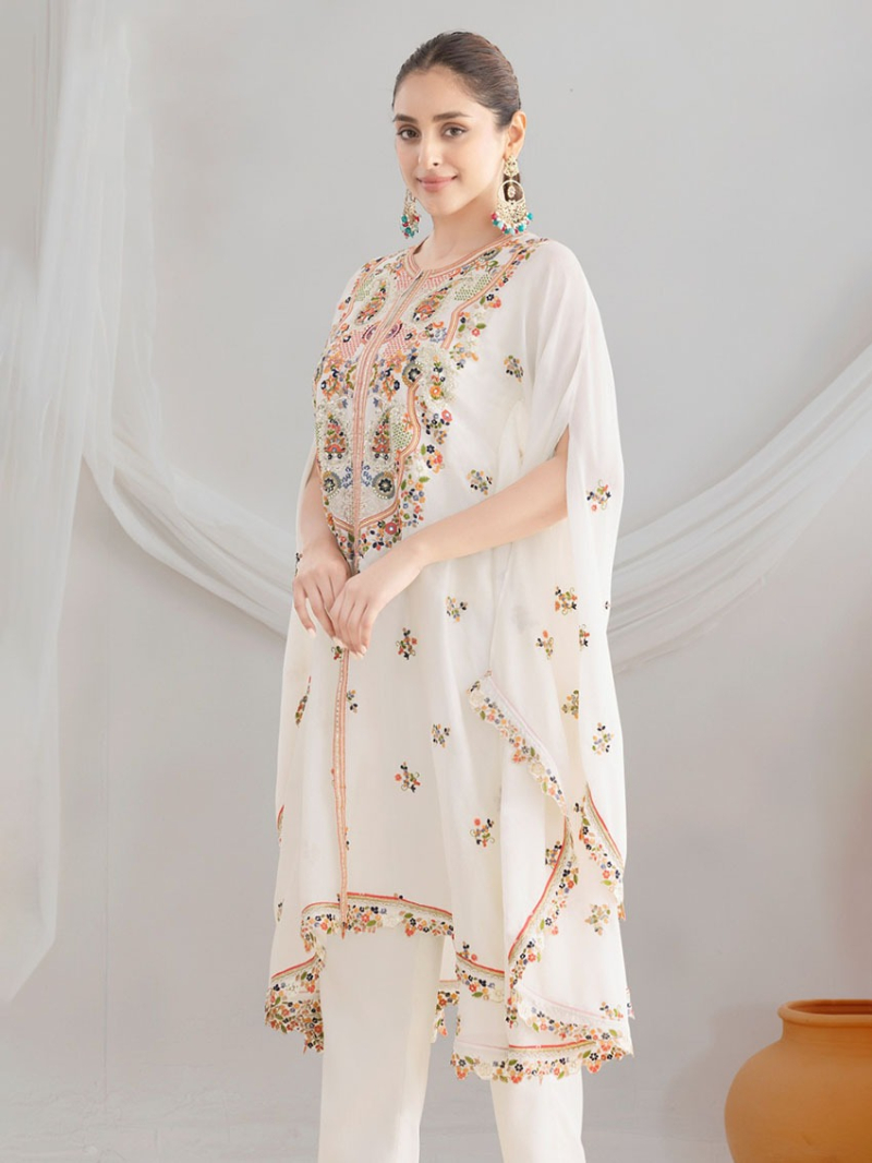 Elegant Designer Ethnic  Ivory Chinnon Floral Embroidery Kaftan Set