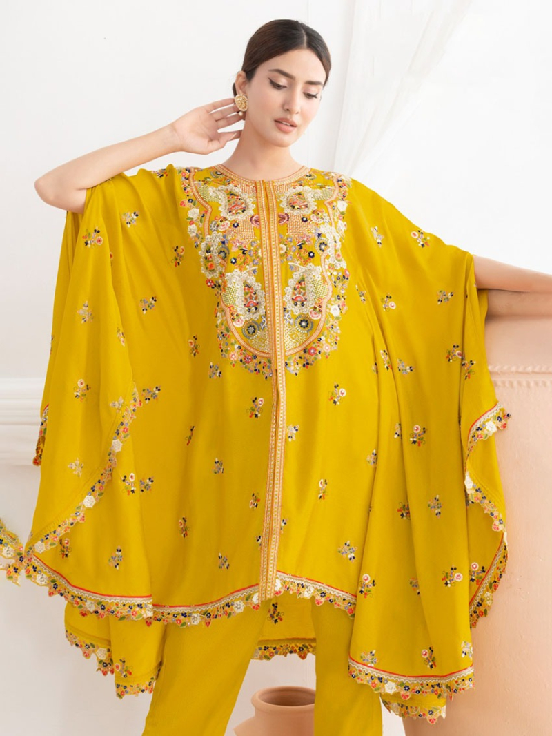 Traditional Ethnic Elegant Festive Mustard Yellow Chinnon Floral Embroidery Kaftan Set
