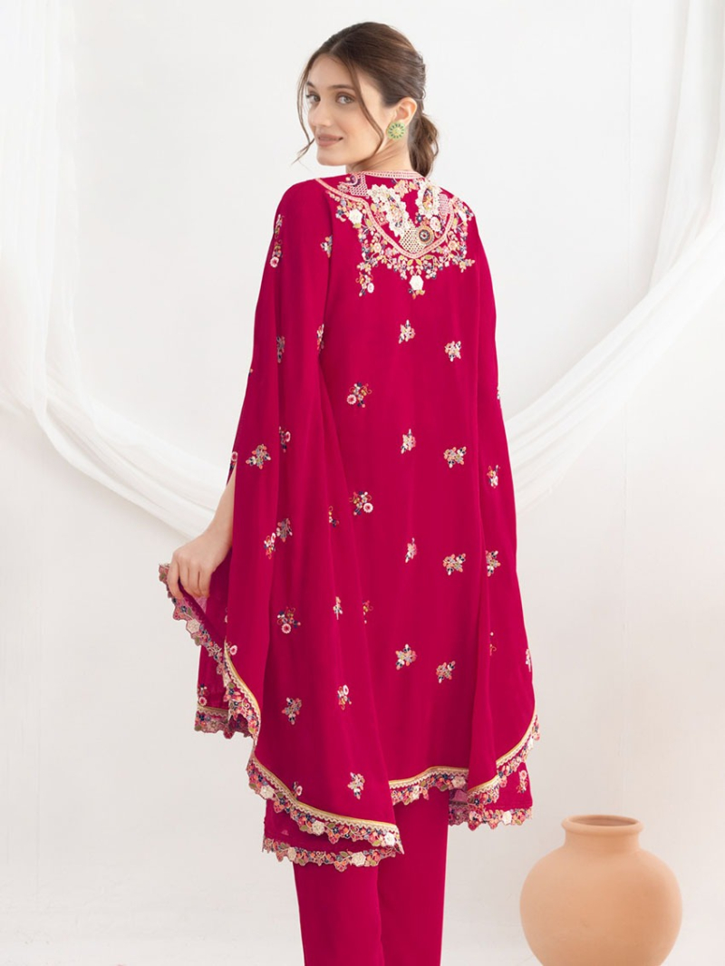 Ethnic Elegant Festive Traditional  Raspberry Chinnon Floral Embroidery Kaftan Set