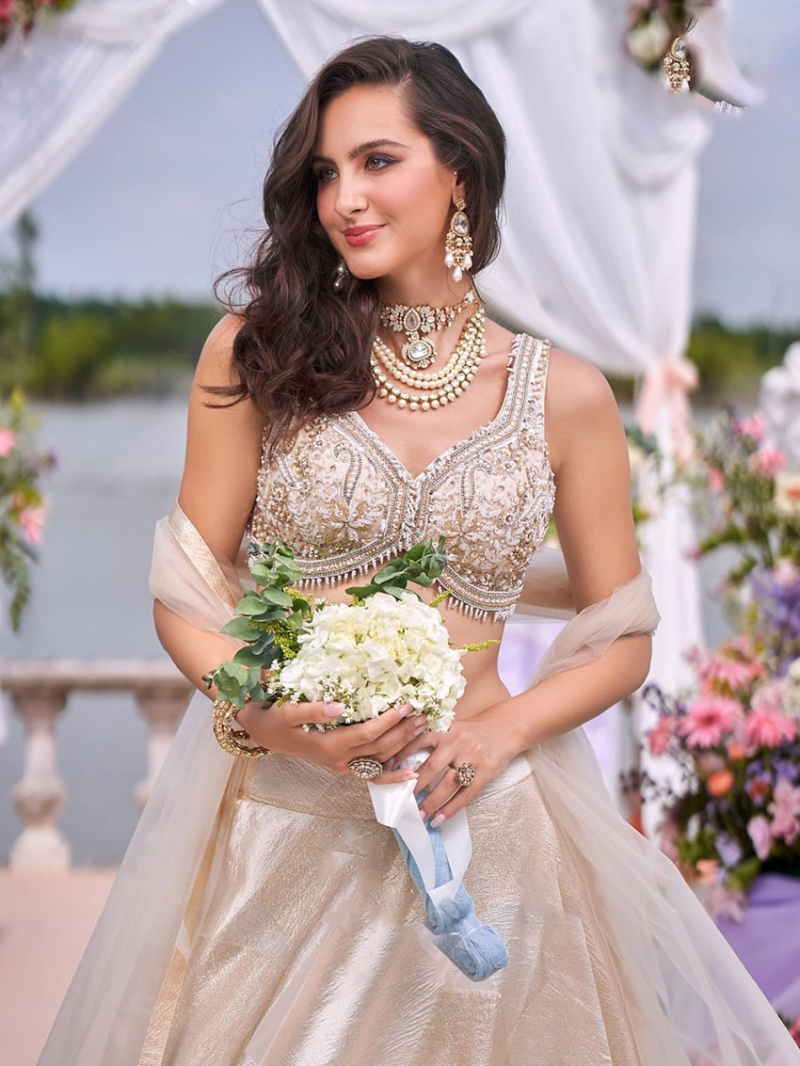 Ethnic Festive Elegant Traditional Champagne Beige Shimmer Jacquard Lehanga Suit