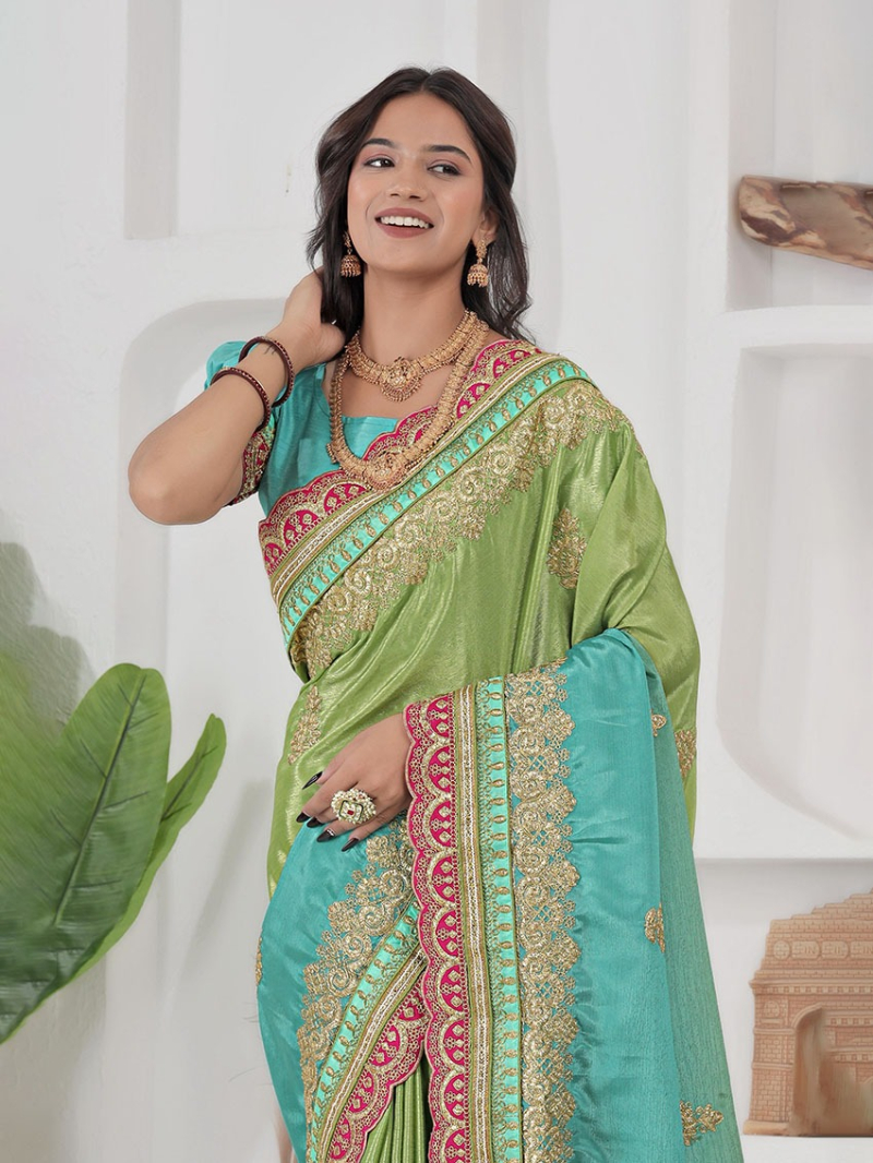 Elegant Ethnic Festive Traditional Teal Green & Lime Green Chinnon Silk Saree