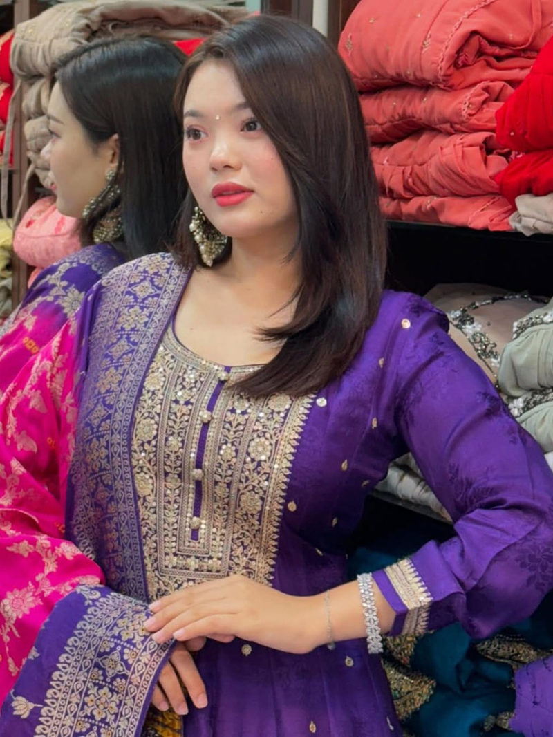 Authentic Ethnic Festive Traditional Silk Dark Purple Anarkali Suit