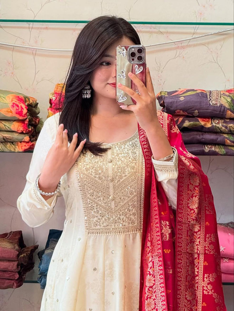Authentic Ethnic Traditional Festive Off White Silk Anarkali Suit