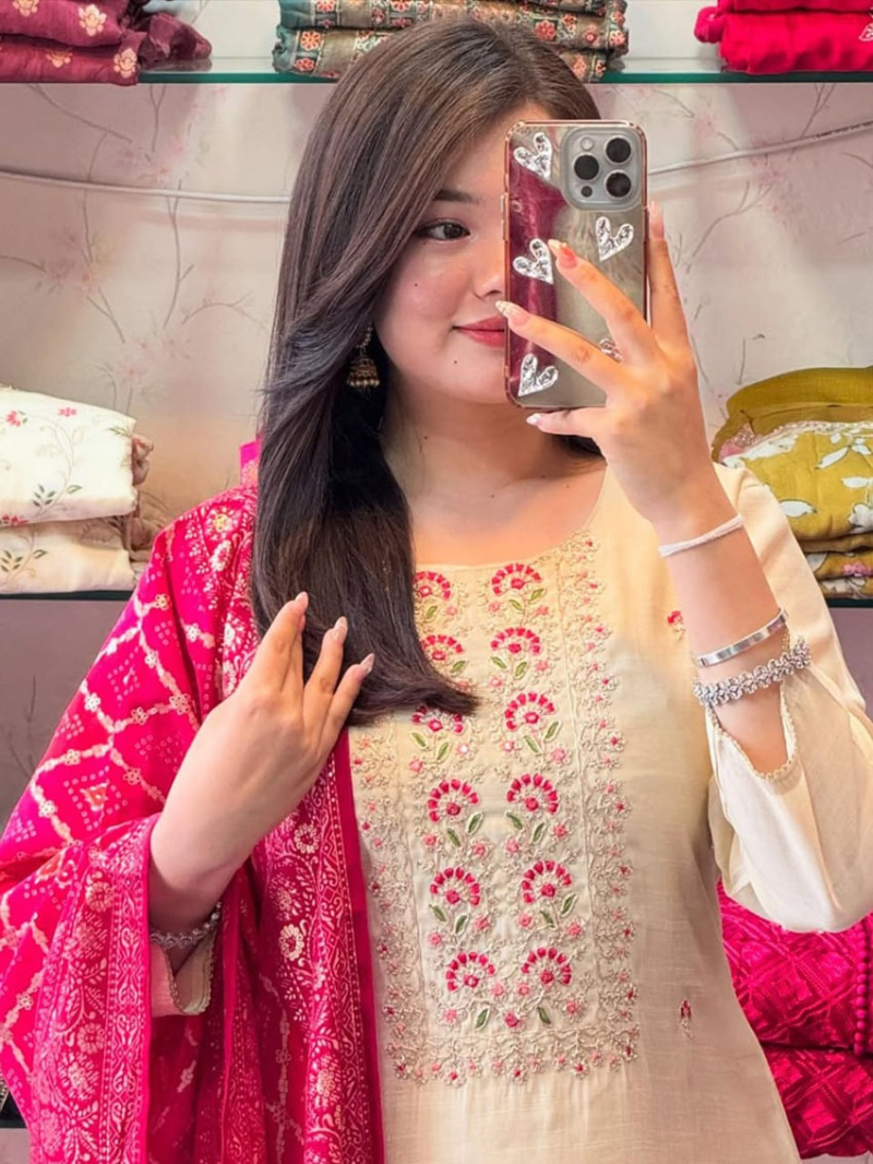 Authentic Elegant Ethnic Festive Traditional Cream & Rani Pink Straight Suit