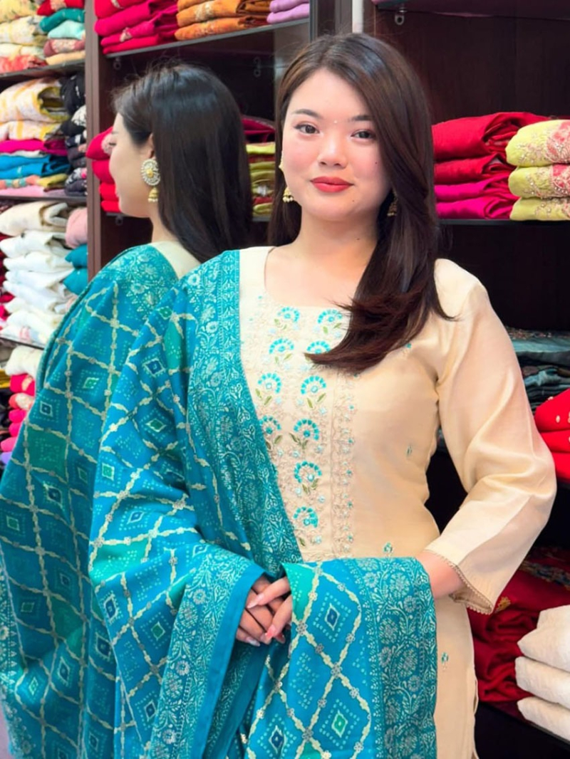Elegant Ethnic Traditional Festive Cream & Peacock Blue Straight Suit