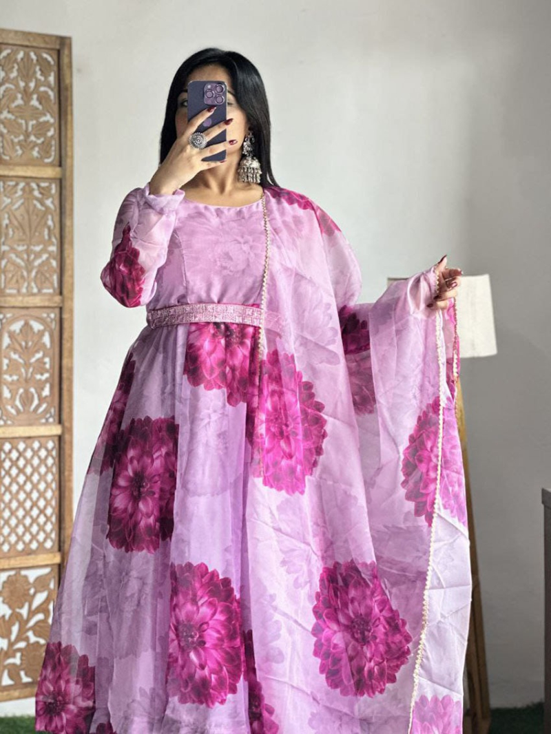 Elegant Ethnic Festive Traditional Lilac Organza Anarkali Suit