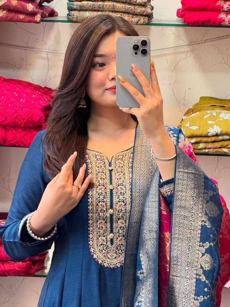 Authentic Ethnic Elegant Traditional Festive Blue Silk Anarkali Suit
