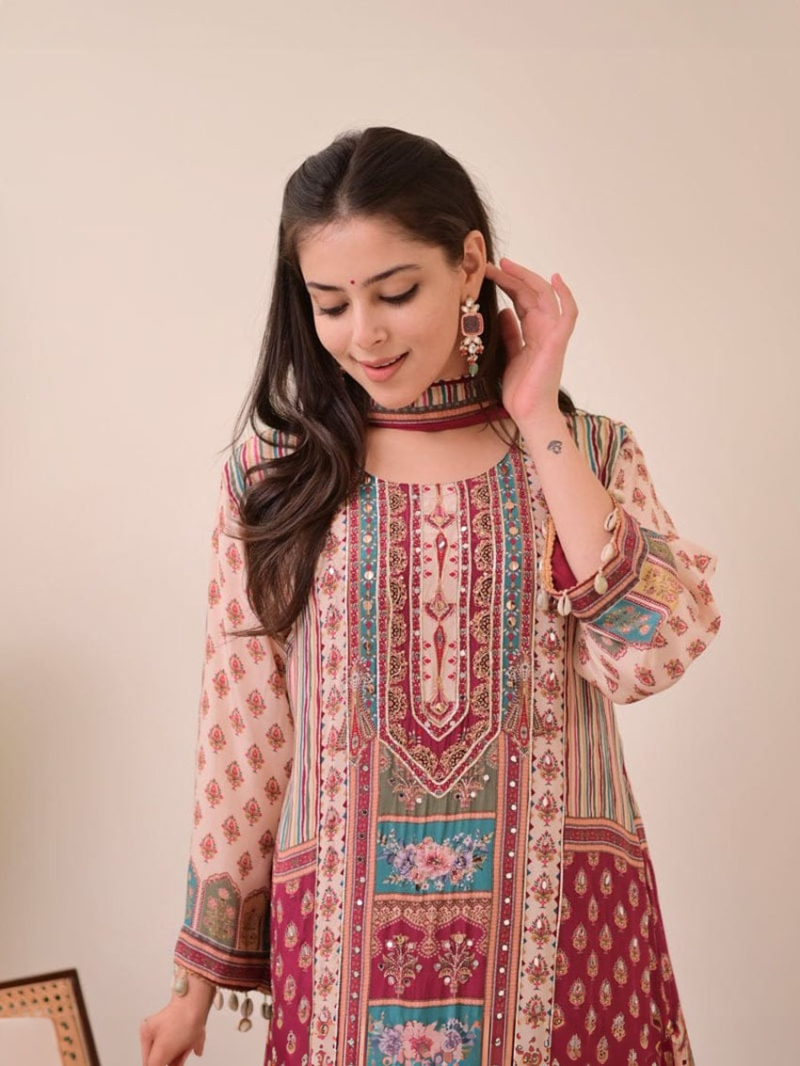 Authentic Elegant Festive Ethnic Traditional Maroon & Cream Base Chinnon Plazo Suit