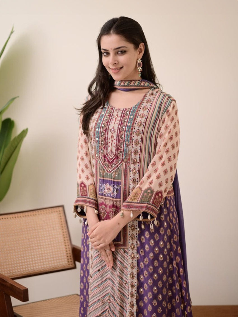 Authentic Ethnic Elegant Traditional Festive Royal Purple & Cream Base Plazo Suit