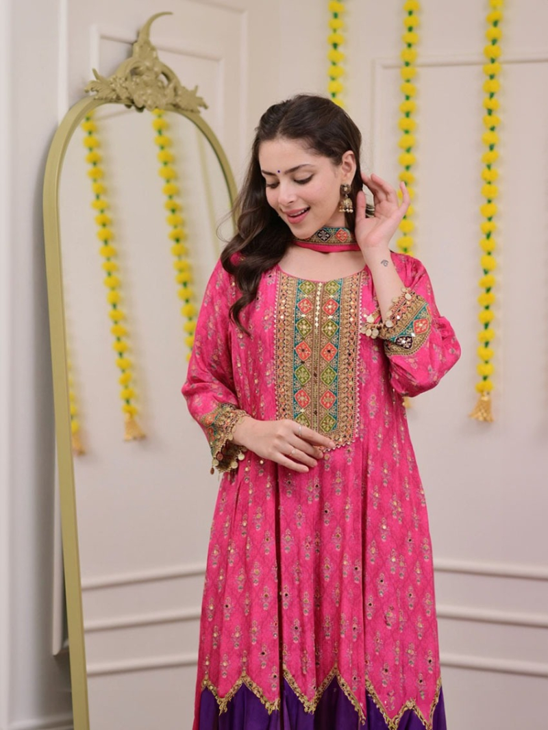 Elegant Rani Pink Chinnon Festive Anarkali Suit