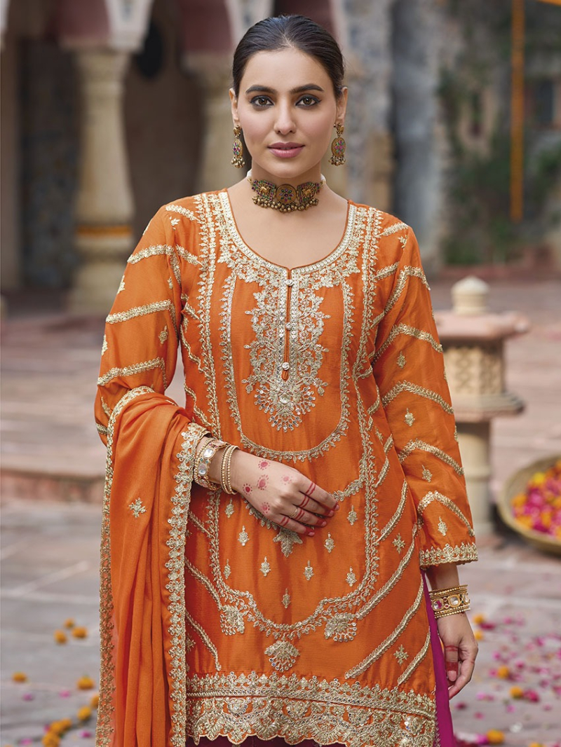 Authentic Elegant Festive Oragne Chinnon Silk Plazo Suit