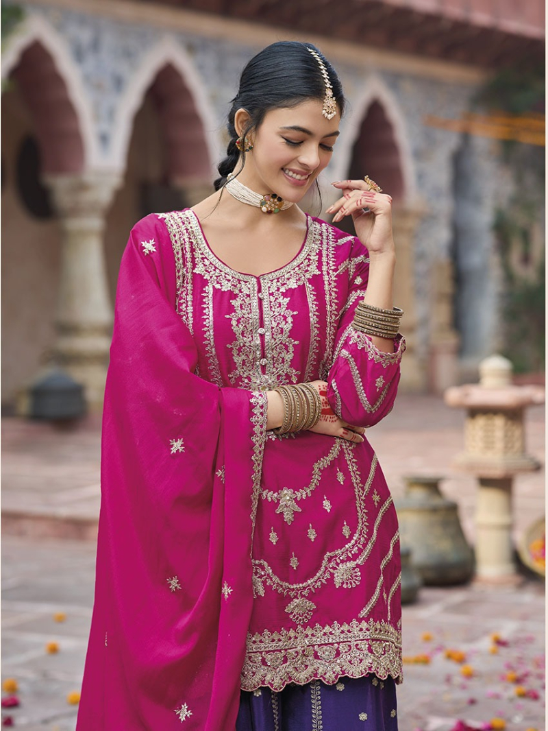 Designer Elegant Festive Rani Pink Chinnon Silk Plazo Suit