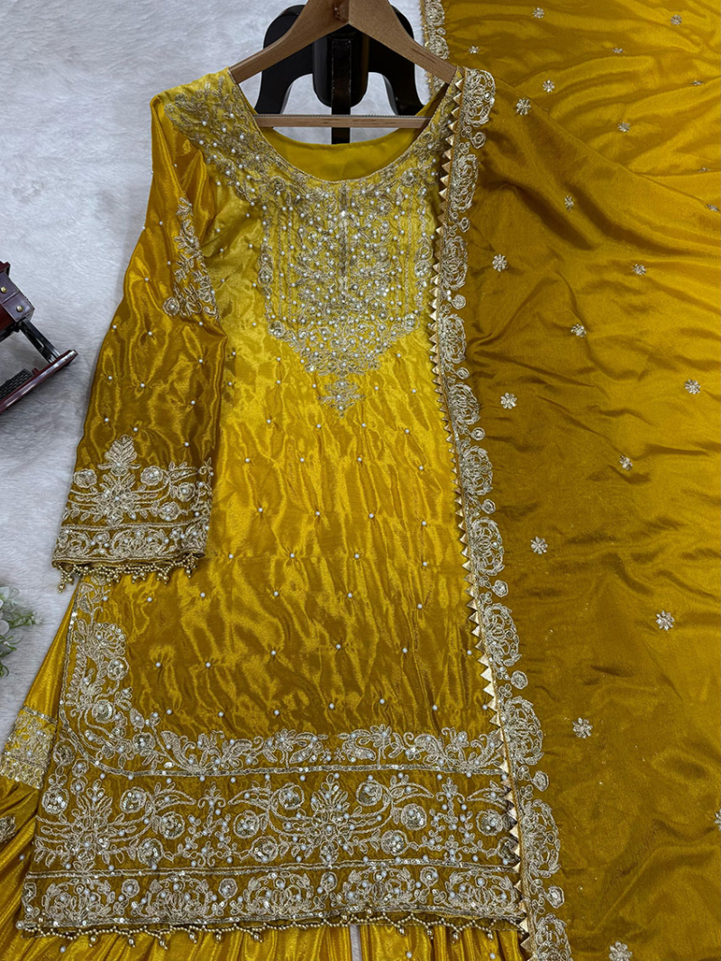  Elegant Ethnic Traditional  Chinnon Silk Sharara Suit