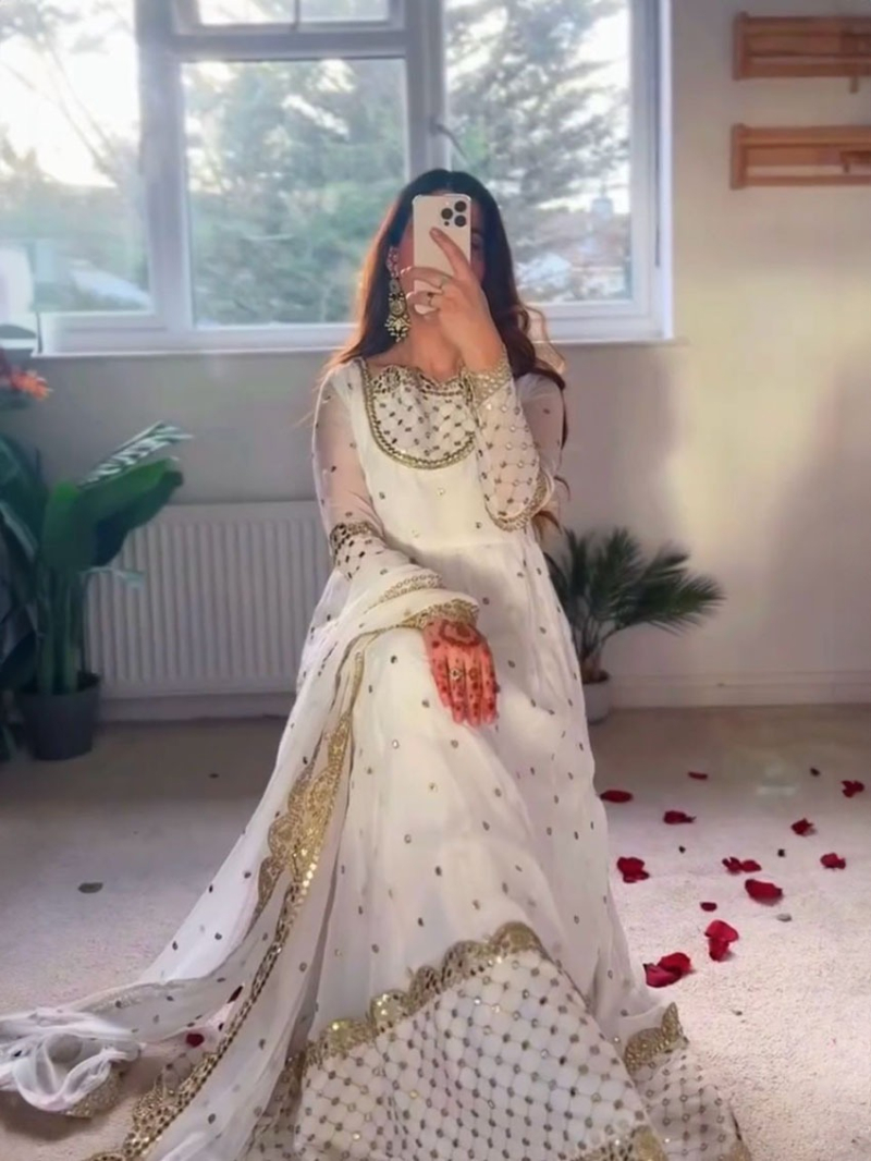 Elegant Traditional Festive Ethnic Off White Georgette Anarkali Suit