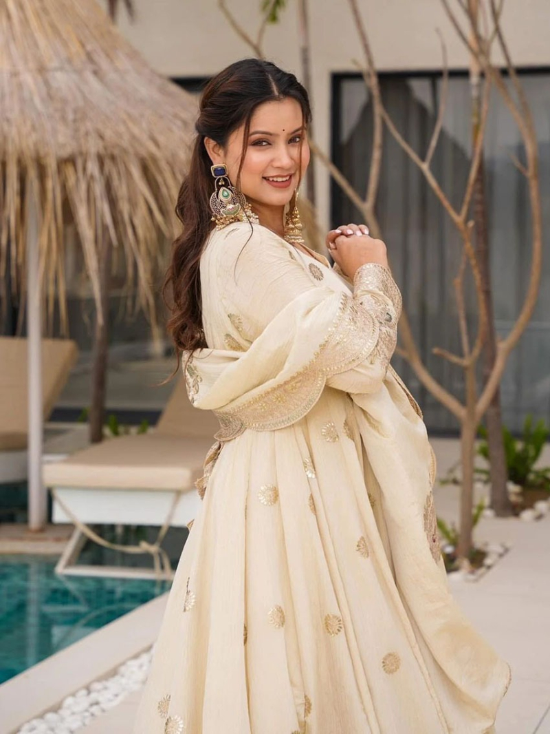 Designer Elegant Ethnic Festive Cream Chinnon Silk  Anarakali Suit