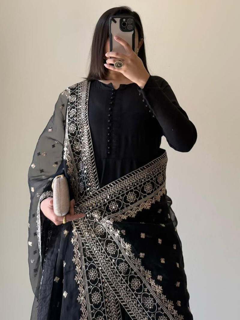 Elegant Traditional Ethnic Black Chinnon Silk Plazo Suit