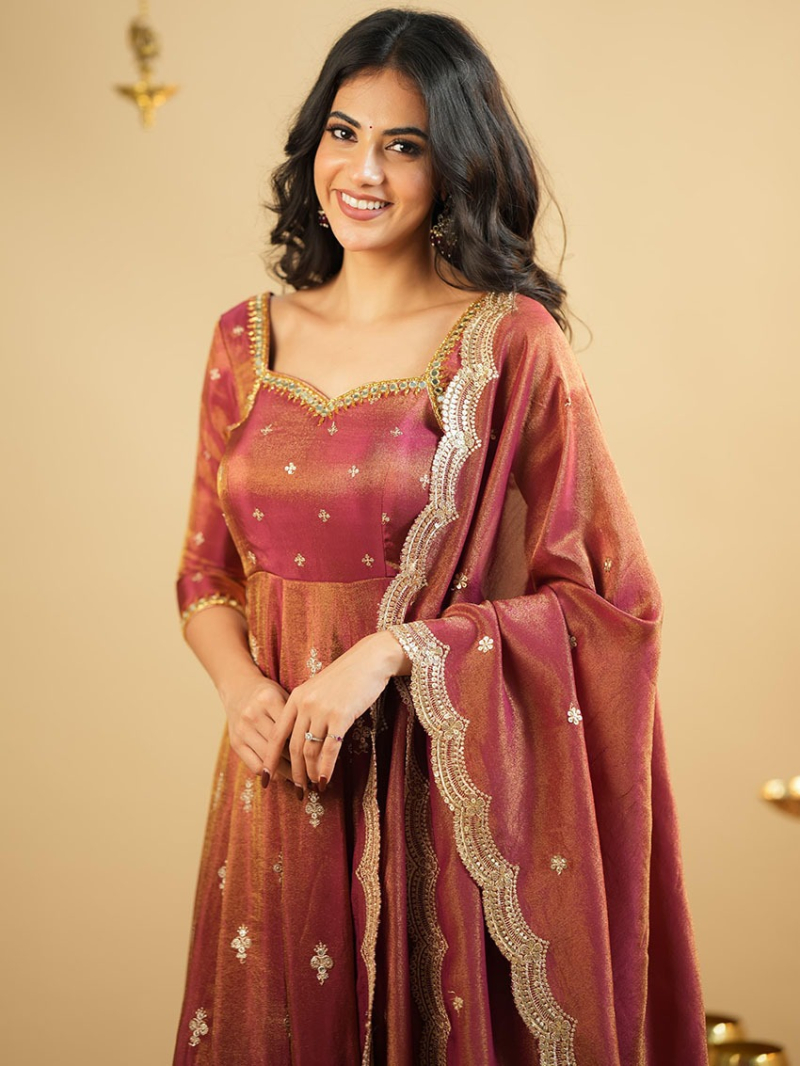 Traditional Elegant Ethnic Festive Burnt Orange Shimmer Silk Anarkali Suit