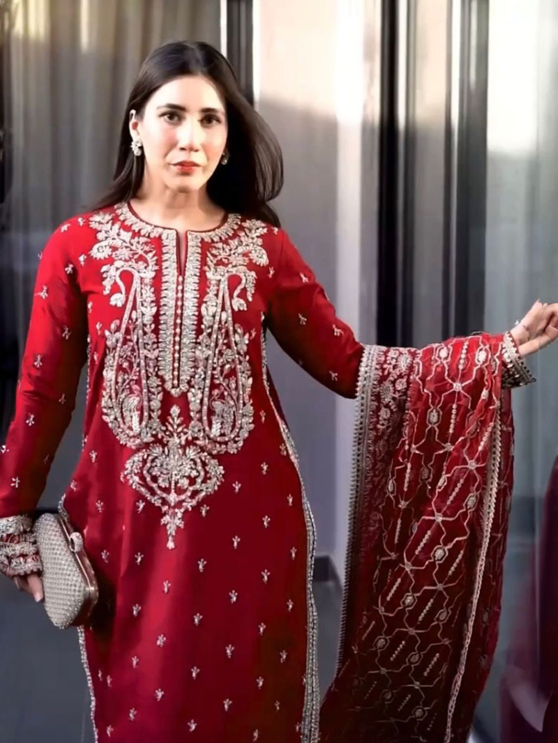 Authentic Elegant Ethnic Festive Red Roman Silk Plazo Suit