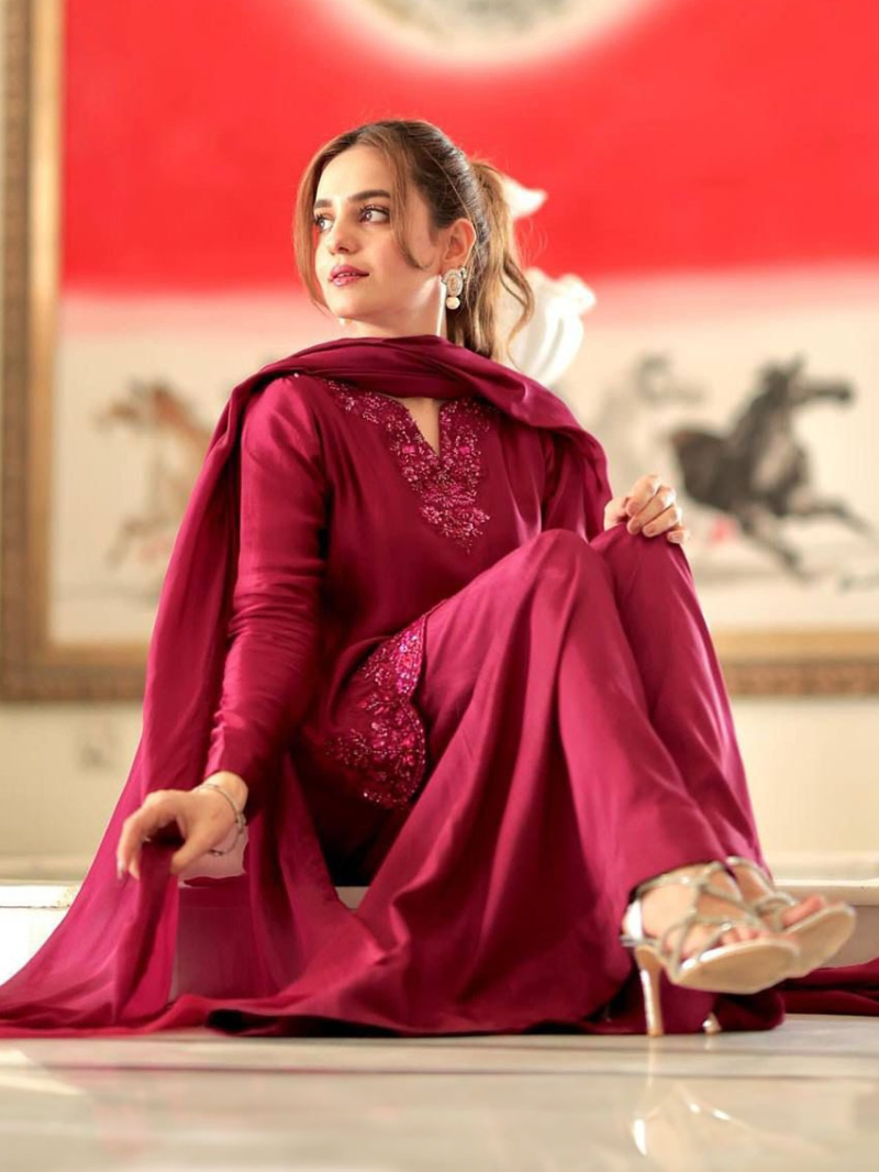Designer Elegant Festive Ethnic Raspberry Crepe Silk  Farshi Plazo Suit