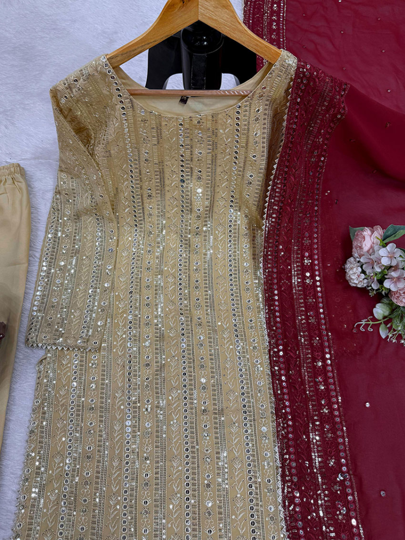 Elegant Ethnic Traditional Festive Golden Beige Georgette Straight Suit