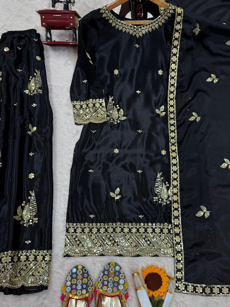 Traditional Ethnic Elegant Festive Chinnon Silk Plazo Suit