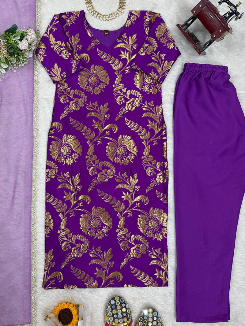 Authentic Ethnic Festive Traditional Purple  Jacquard Straight Suit